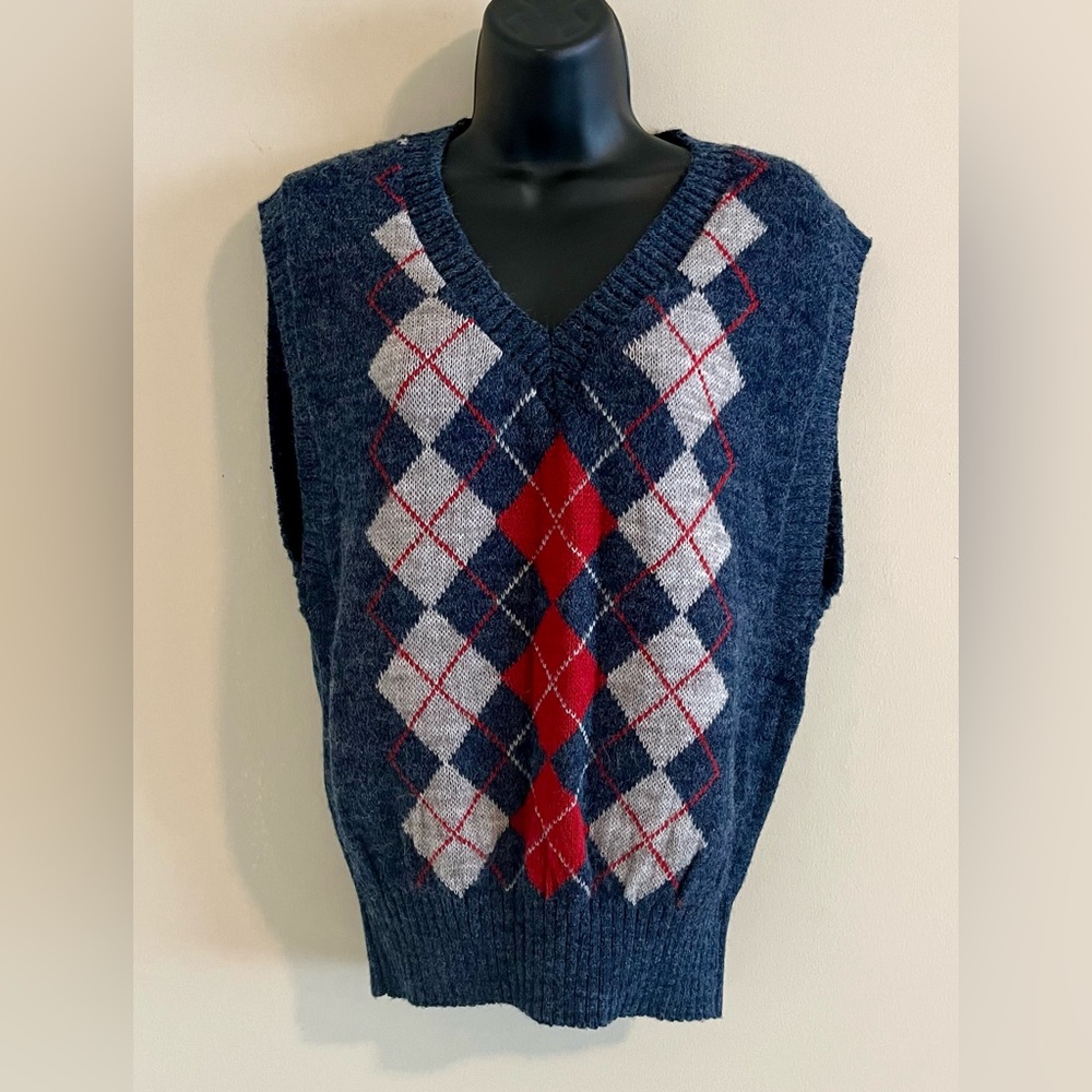Vintage Mademoiselle Knitwear Blue & Red Argyle Sweater Vest-Size Medium